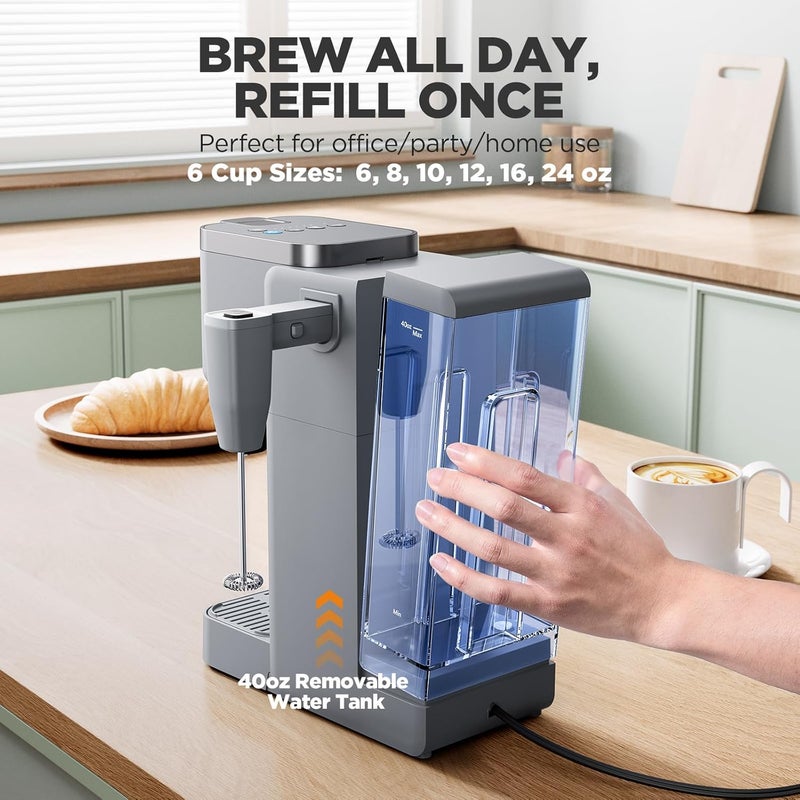 Tastyle Single Serve Coffee Maker with Built-in Detachable Milk Frother, Iced and Hot Coffee Machine for K Cup & Grounds, 40oz Removable Water Reservoir, 6 Cup Sizes, Fits 7.3" Travel Mug, Gray - Image 5